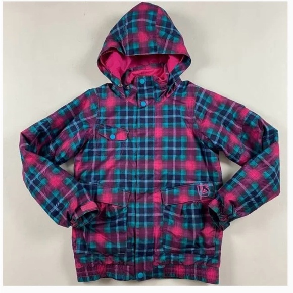 Burton Twist Bomber Jacket Girl’s XL US 18 Ski Snowboard Pink and Blue Plaid - Picture 1 of 8